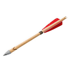 Fototapeta premium A single wooden hunting arrow with a sharp stone tip and red feathers for archery sports and traditional outdoor activities