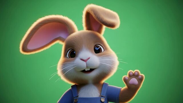 Cute animated bunny waves with closed eyes. Soft fur and blue overalls give it a friendly look. Its paw gesture suggests a friendly hello or goodbye