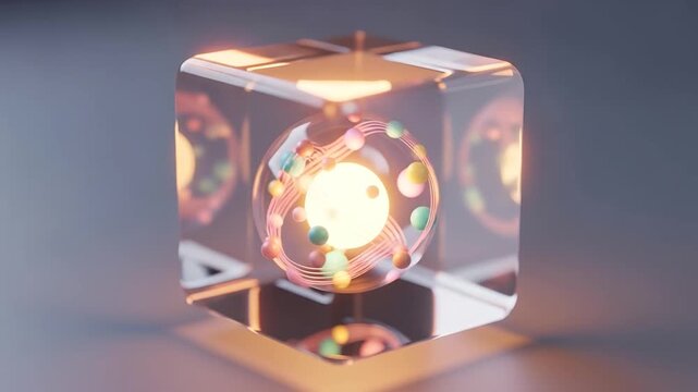 Glowing atom floats inside a transparent cube. Colorful electrons orbit the nucleus in soft light. Warm illumination enhances the scientific wonder. The cube reflects inner structures with clarity