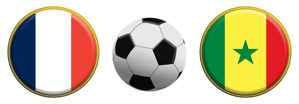 Glossy football themed emblem featuring France and Senegal flag buttons beside a classic soccer ball on a white background, symbolizing an international football rivalry match.