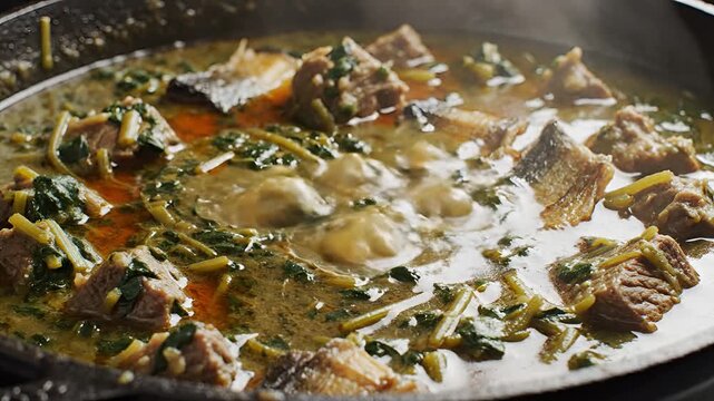 Delicious and hearty stew with meat and vegetables simmering in a pot.