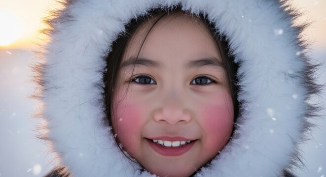 Portrait of a little Inuit girl, Arctic, amauti with fur hood, happy gaze and sparkling eyes, winter atmosphere, North Pole