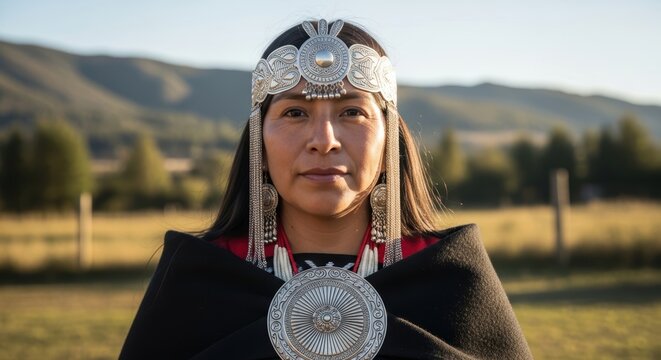 Portrait of a Mapuche woman, Chile and Argentina, wearing large silver jewelry trarilonko and chaway, solemn, proud and steady gaze