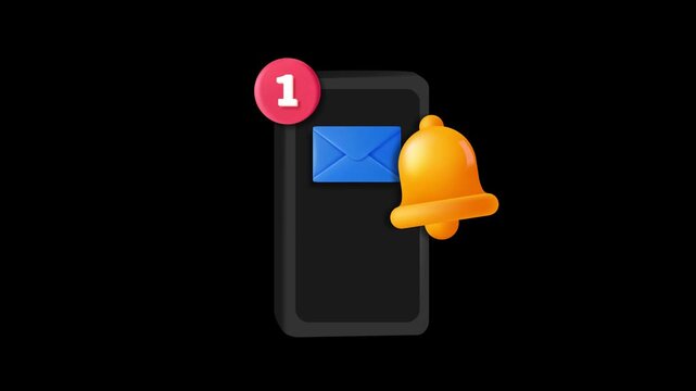 3D smartphone with a ringing yellow bell and message alert icon representing a new reminder. Social media push notification animation with a seamless loop on an alpha channel