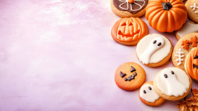 Halloween-themed cookies and pumpkin decoration on pastel purple background with festive autumn vibe