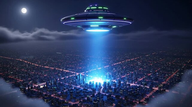 Flying saucer hovers above a glowing city. Blue light beams pierce the skyline at night. Moon shines over dark, cloud-filled sky. The beam illuminates a central urban core