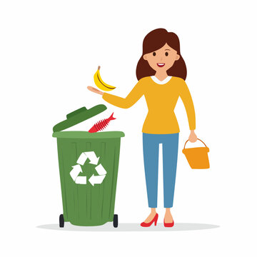 Woman throwing banana peel and fish into recycling bin