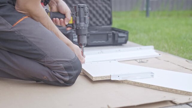 Man uses cordless drill to make hole in drawer panel on cardboard near grass. Concept of DIY furniture assembly and repair