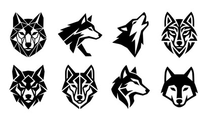 Minimal wolf head geometric vector silhouettes with modern wildlife and canine logo icons © Md