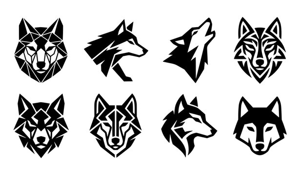 Minimal wolf head geometric vector silhouettes with modern wildlife and canine logo icons