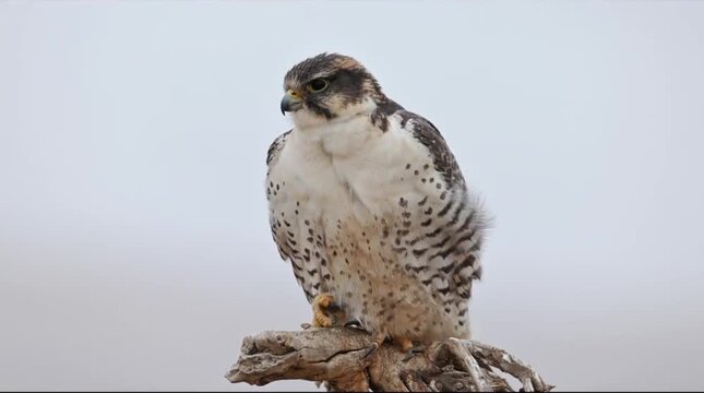 A majestic prairie falcon perched on a weathered wooden branch