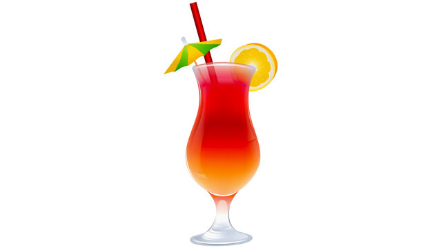 Tropical Sunrise Cocktail: A vibrant layered cocktail, resembling a sunrise, garnished with a citrus slice and a mini umbrella, served in a hurricane glass, perfect for a vacation or a celebration.