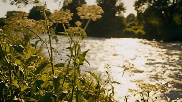 Sunlight Reflecting on River Water with Wildflowers in Foreground.
