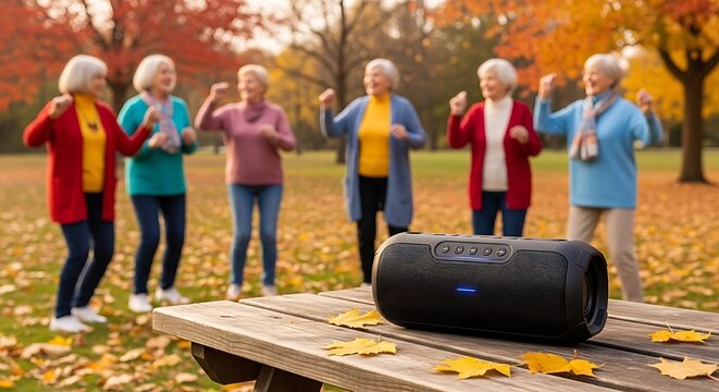 Black Portable Speaker Playing Music for Senior Women Dancing in Autumn Park