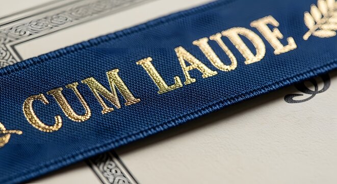 Close Up of Blue Cum Laude Academic Ribbon on Graduation Diploma Representing Educational Excellence