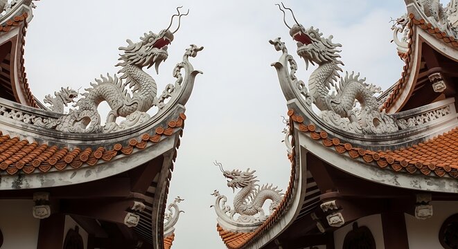 Ornate Dragon Sculptures Crowning Traditional Temple Roofs Against Cloudy Sky