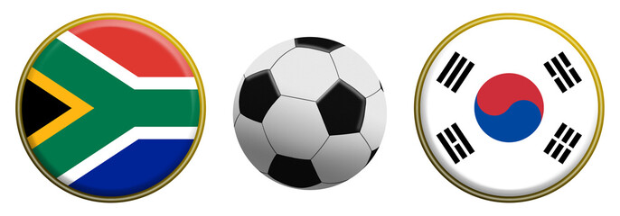 Obraz premium Glossy football themed emblem featuring South Africa and South Korea flag buttons beside a classic soccer ball on a white background,football match concept.