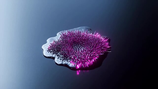 Abstract glowing pink ferrofluid reacting to a magnetic field