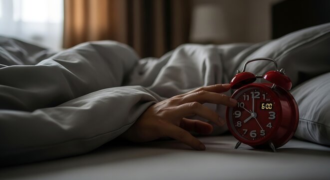 Sleepy Hand Reaching for Red Alarm Clock in Dim Bedroom