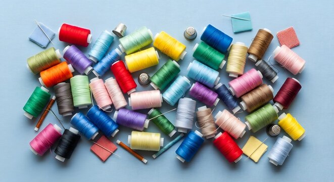 A vibrant assortment of colorful sewing thread spools and various crafting notions scattered artfully across a light blue background, showcasing supplies for textile projects and creative hobbies