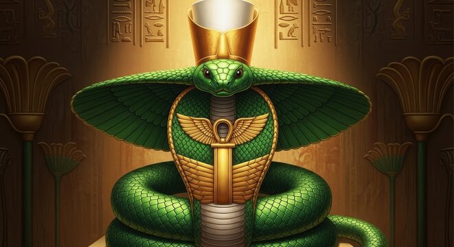 Ancient Egyptian goddess Wadjet as a rearing cobra with spread hood wearing the white crown