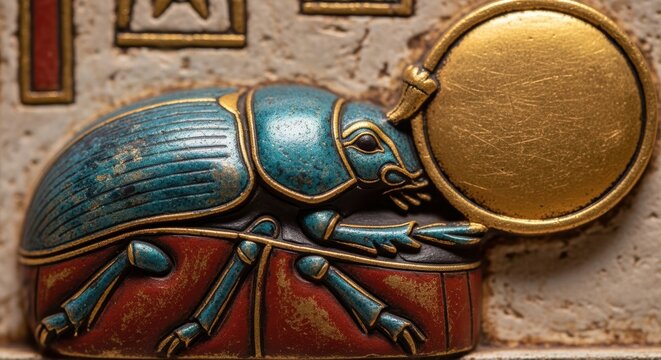 Ancient relief of Khepri, Egyptian sacred scarab deity pushing the golden sun disk, symbol of rebirth, dawn and rising sun, classical art style