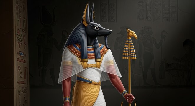 Anubis, Egyptian god of mummification, close-up portrait of the jackal deity Canis aureus guardian of the underworld, ancient funerary symbolism