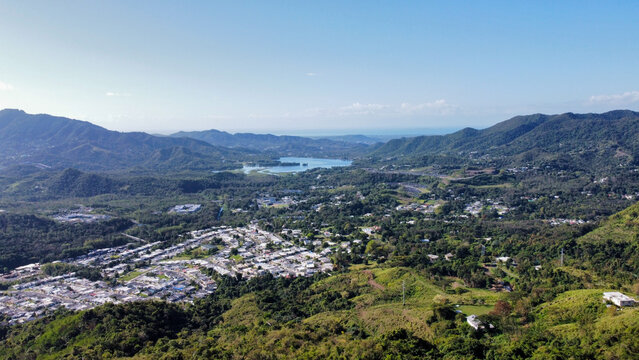 Aerial Ponce Puerto Rico Mountain Valley Lake Caribbean Sea Panorama