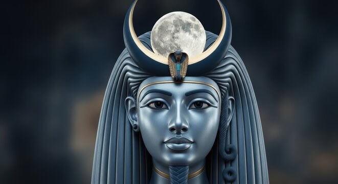 Close up portrait of Khonsu, Egyptian moon god wearing crescent moon headdress, full moon and uraeus, serene and hieratic expression, digital art style