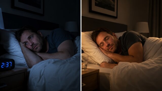 Sleepless night and restful sleep in a calm bedroom