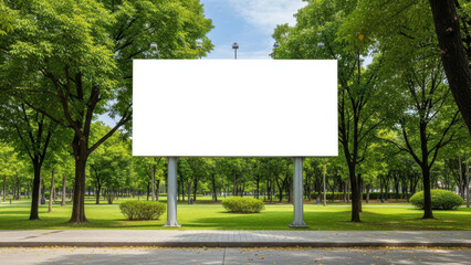 Fototapeta premium Blank billboard in a green park with trees and clear sky