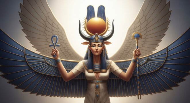 sis Egyptian goddess of motherhood and magic depicted as a beautiful winged woman with cow horns, sun disk, ankh and sceptre