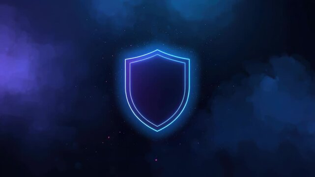 Neon shield outline glowing with blue and purple glow in dark cosmic mist futuristic aura