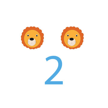 Number 2 Counting Worksheet with Cute Cartoon Lions for Preschool