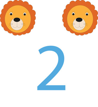 Number 2 Counting Worksheet with Cute Cartoon Lions for Preschool