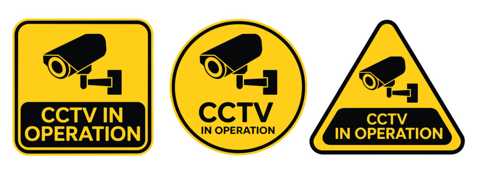 CCTV Surveillance Signs: Three distinct warning signs indicating CCTV in operation, designed for security awareness. Security camera alert, monitoring station, public safety, warning emblem.