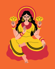 Obraz premium Hindu Goddess Lakshmi in traditional costume with lotus flowers in hands. Colorful illustration.