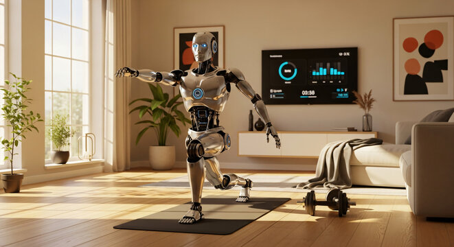 Futuristic humanoid robot exercising in modern living room with smart TV and home gym setup