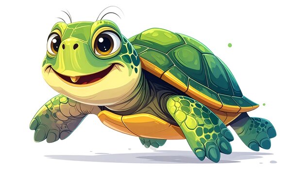 Cute Green Cartoon Turtle Crawling on White Background