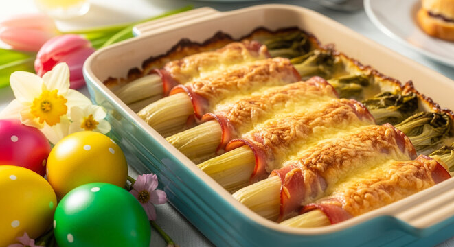 Chicon au gratin, chicory wrapped in ham with browned cheese crust in baking dish, Easter brunch and festive springtime meal with painted eggs and spring flowers.
