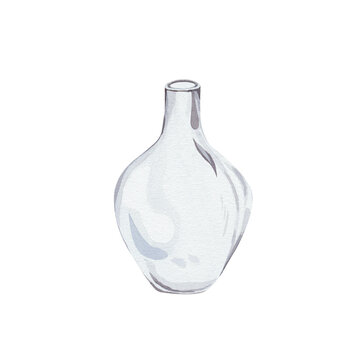 Minimalist watercolor illustration of empty, transparent glass vase with reflections, isolated on white background, for realistic digital mockups and lifestyle branding, floral design projects.