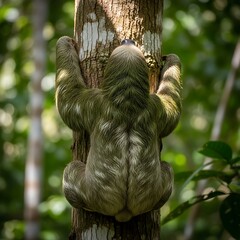 Fototapeta premium Brown Three Toed Sloth Clinging to Tree Trunk in Tropical Forest