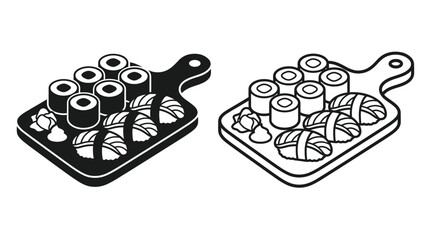 Sushi rolls on a wooden board black and white vector illustration © Kaium