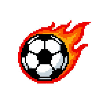 Retro Pixel soccer ball in flame Fire Icon 8 bit video game sport asset Isolated vector design.