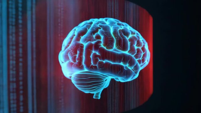 Neon digital brain hologram with circuit neon brain glowing neural pathways and futuristic neural