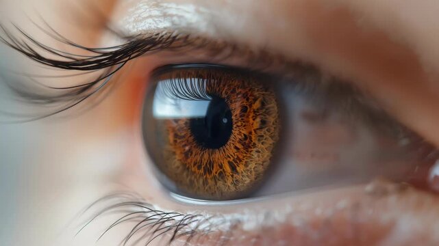 Brown eye closeup macro detailed iris texture with soft eyelashes and calm intimate pupil view