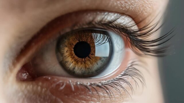 Close up green eye with long eyelash and textured skin, closed eyebrow calm smooth
