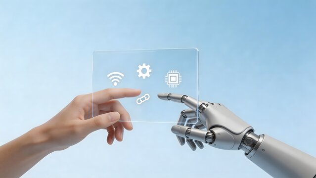 Human hand and robotic arm interacting with digital icons