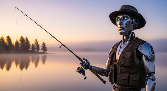Futuristic angler robot fishing at serene lakeside during golden sunset with reflective water