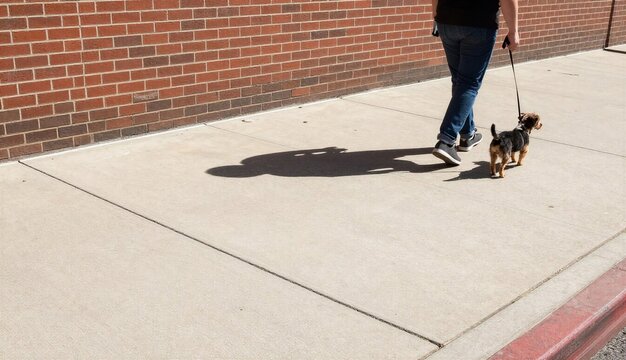 Person walking small dog on sidewalk in urban setting  